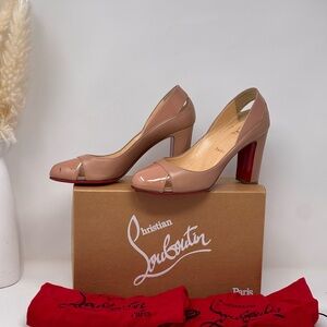 💯Authentic CHRISTIAN LOUBOUTIN Tan leather & patent blocked heel (Size 38)